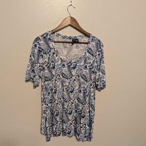 Paraphrase Paisley Scoop Neck Top Womens 1X Blue White Short Sleeve Rayon Blend